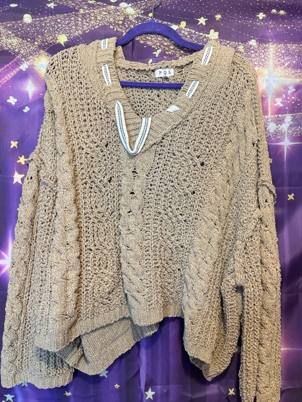 POL Clothing - Cable Loose Knit Sweater with Hoodie - Tan - L